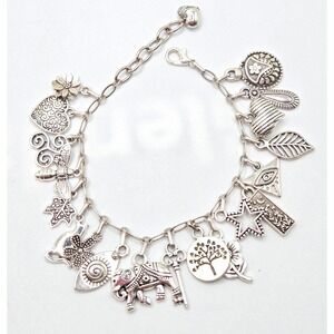 Boho Silver Multi Charm Bracelet Elephant, Tree of Life, Evil Eye, Star Handmade